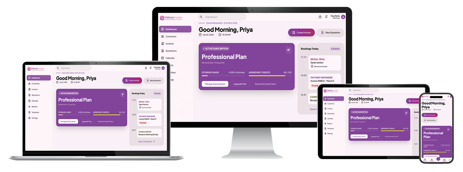 MakeupInvoice dashboard displayed across desktop, laptop, tablet and mobile devices